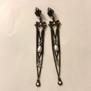 Earrings white crystal & Pearl beads hanging moveable metal parts vintage great
